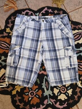 🔥🔥Fried Denim Men's Blue and White Plaid Cargo Shorts🔥🔥 SIZE 34